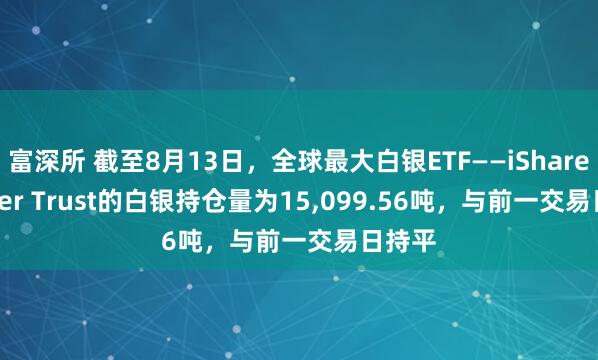 富深所 截至8月13日，全球最大白银ETF——iShares Silver Trust的白银持仓量为15,099.56吨，与前一交易日持平
